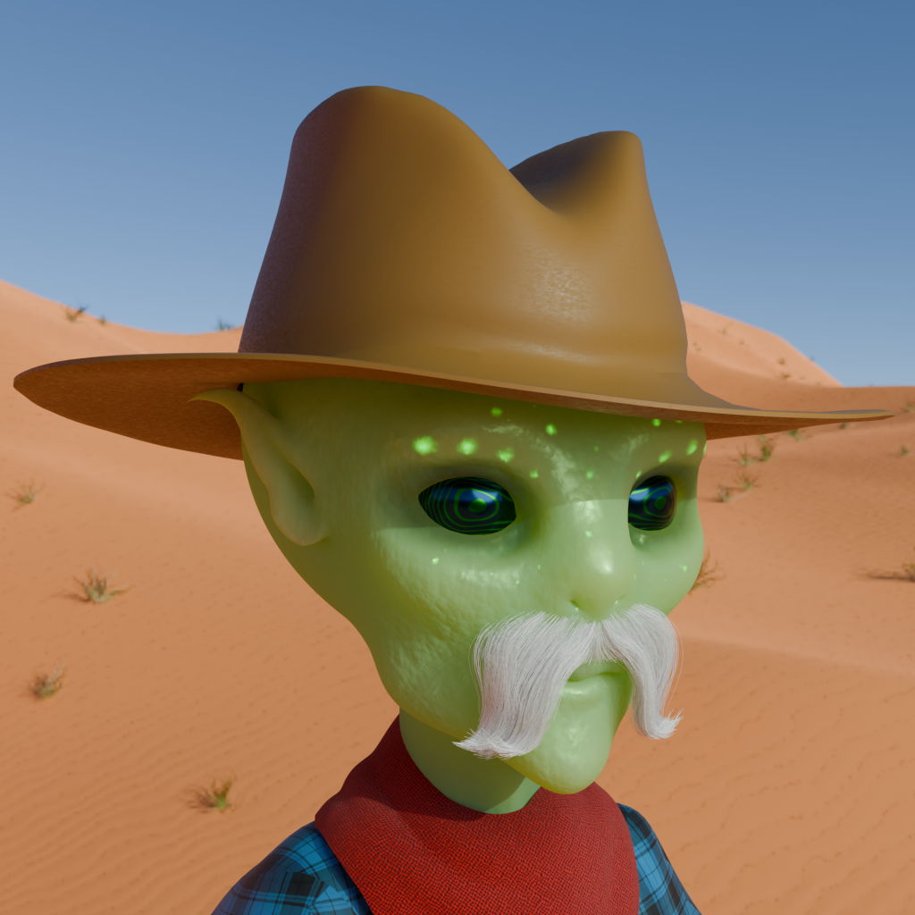 A closeup of a 3D character.